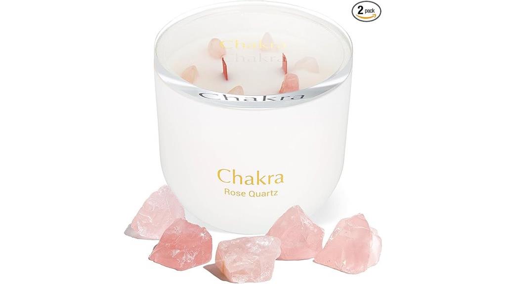 rose quartz candle with crystals