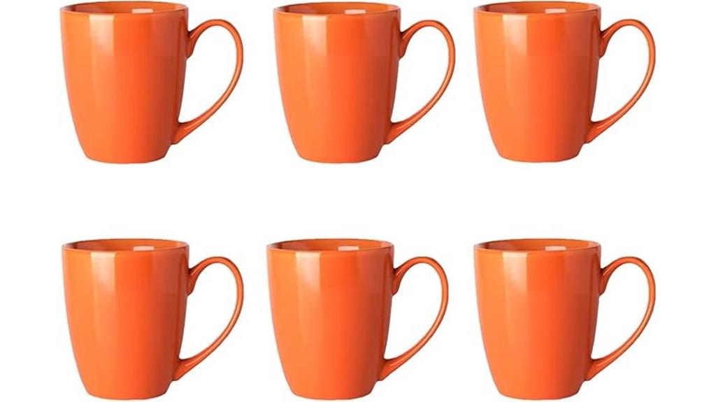 six orange porcelain mugs